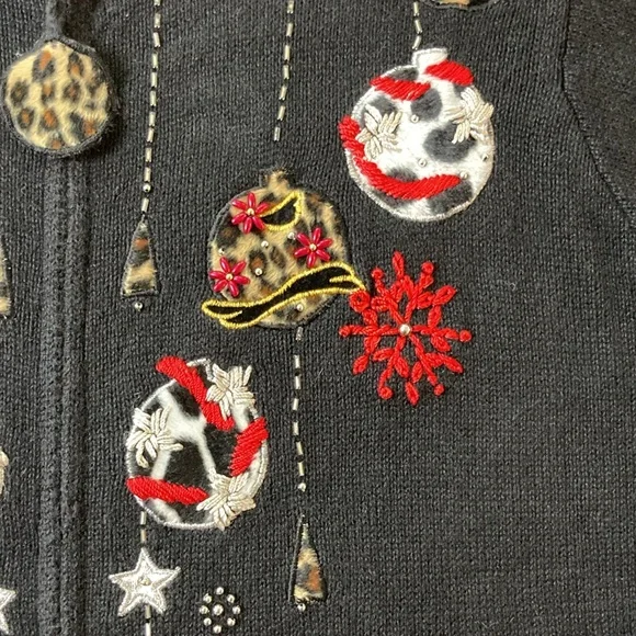 Victoria Jones Black Embroidered Christmas Holiday Cardigan Leopard Print Medium - Picture 8 of 15